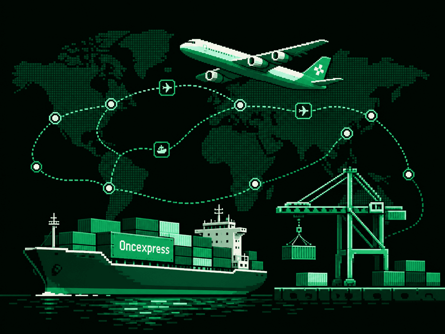 Cargo aircraft, container ship and port linked across a global freight network