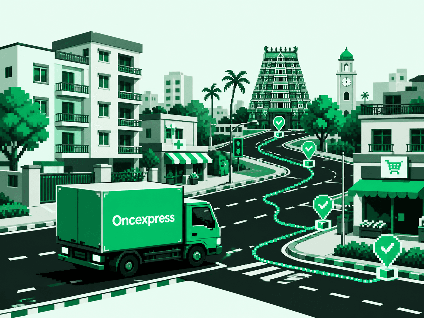 Oncexpress truck following delivery checkpoints through a South Indian city