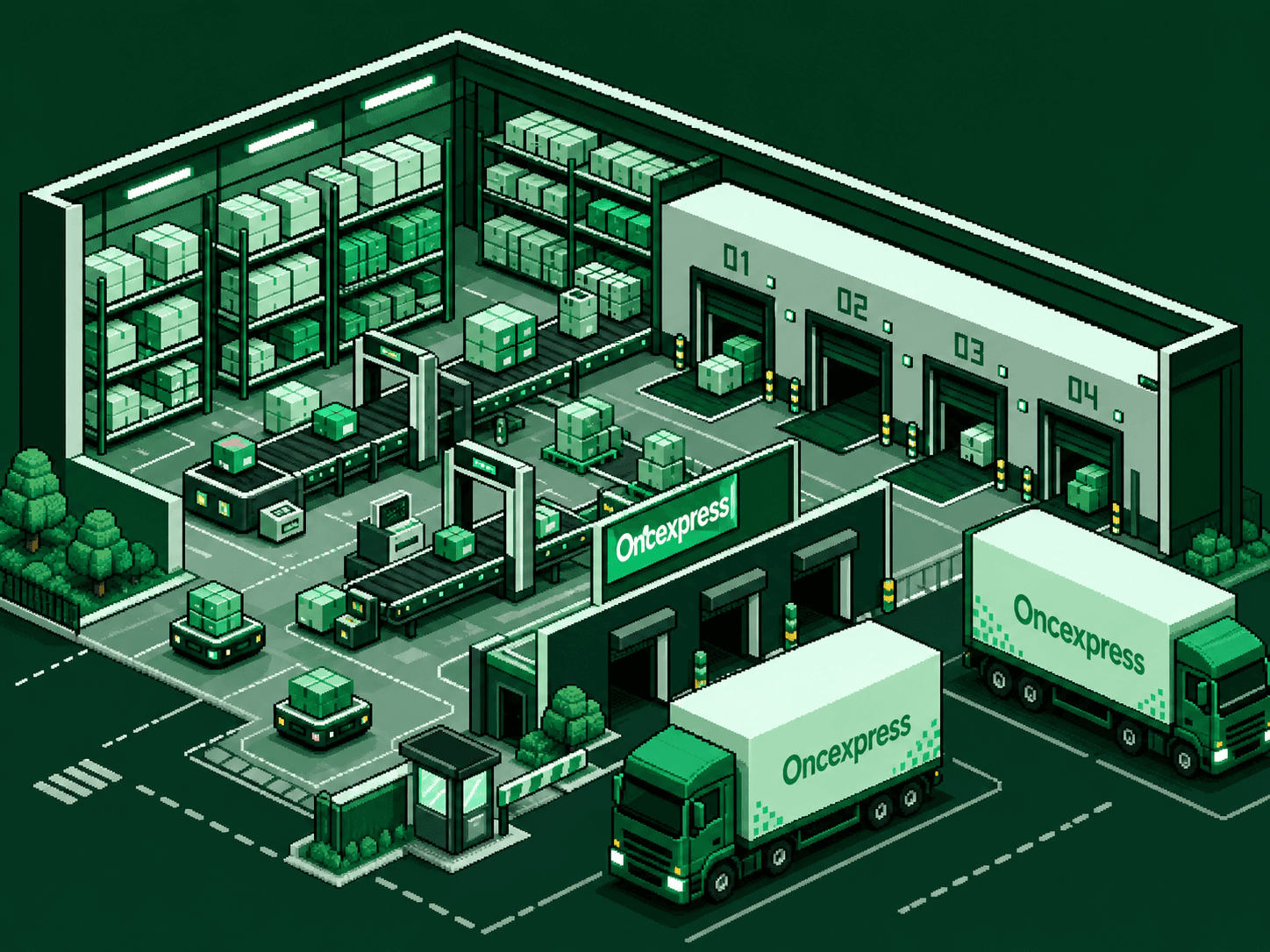 Automated Oncexpress warehouse with conveyors, scanners and loading trucks