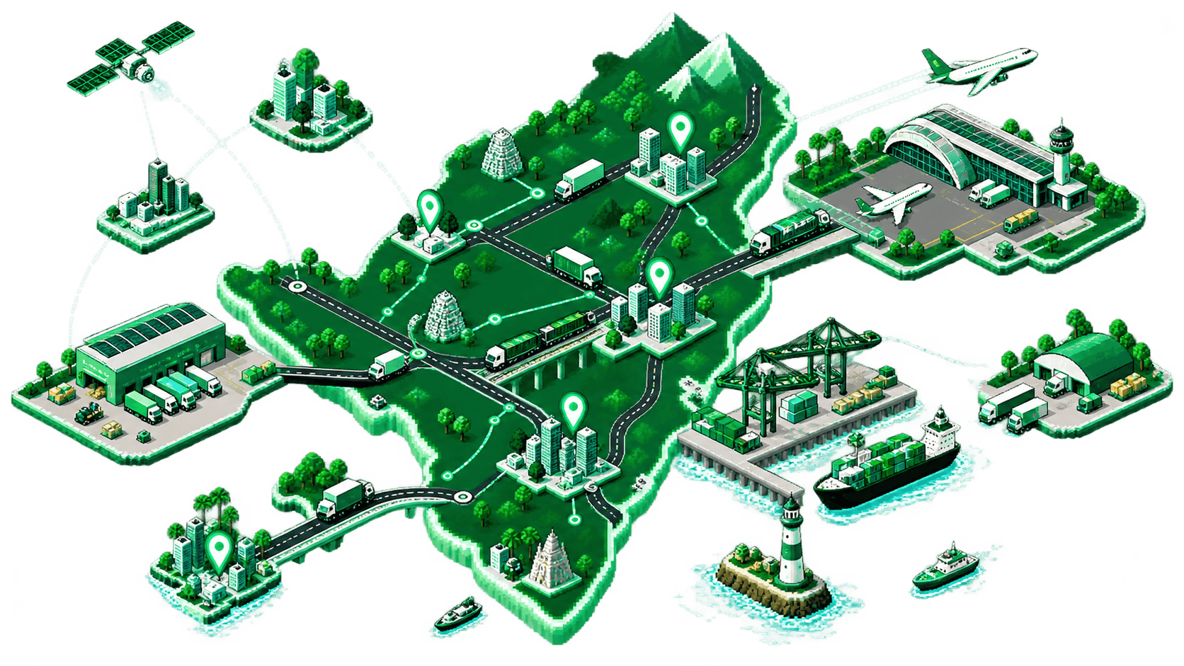 Pixel-art logistics network linking roads, airport, port and Oncexpress depots across South India